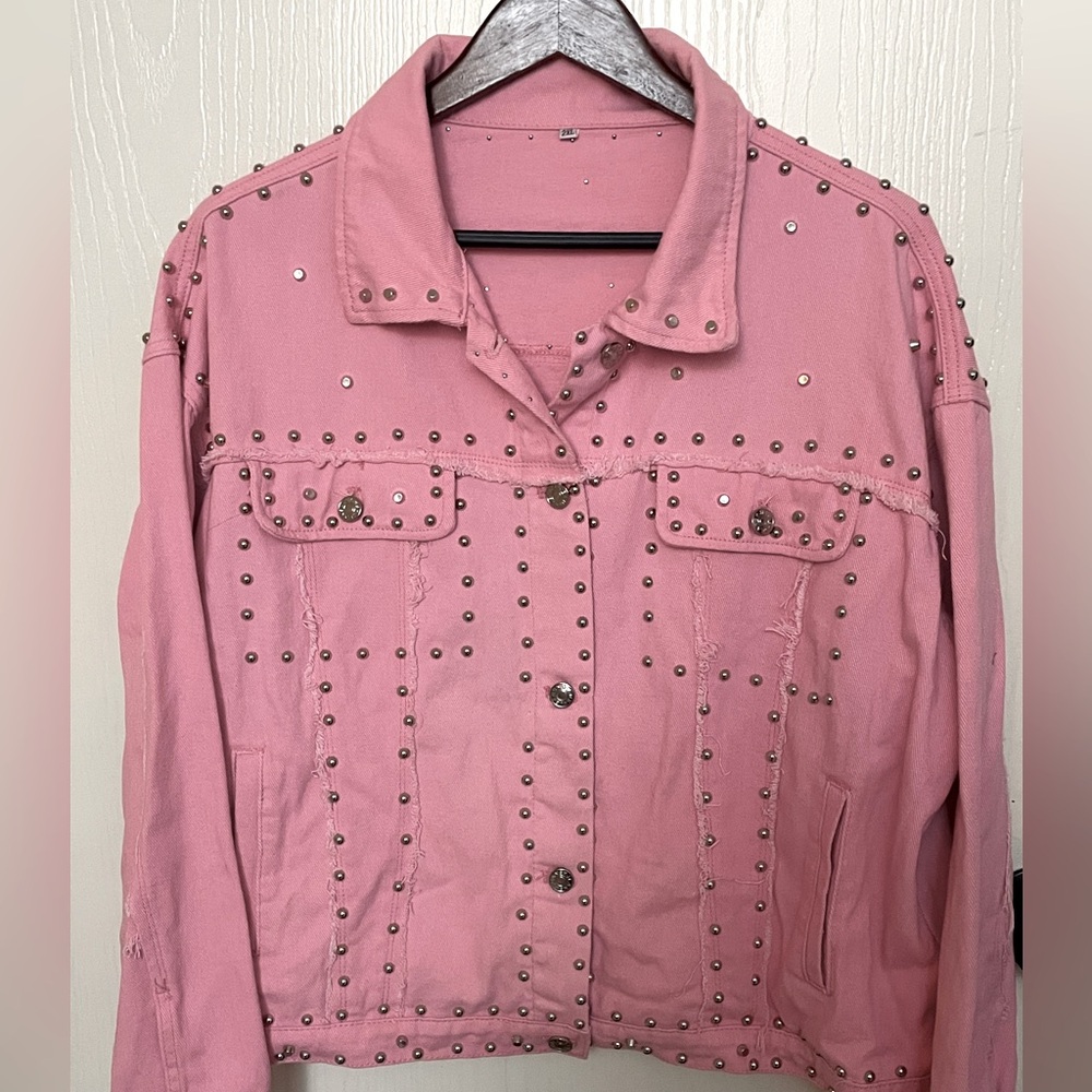 Women's Long Sleeve Rivet Studded Denim Jacket Casual Jean Coat 2XL - Picture 1 of 4